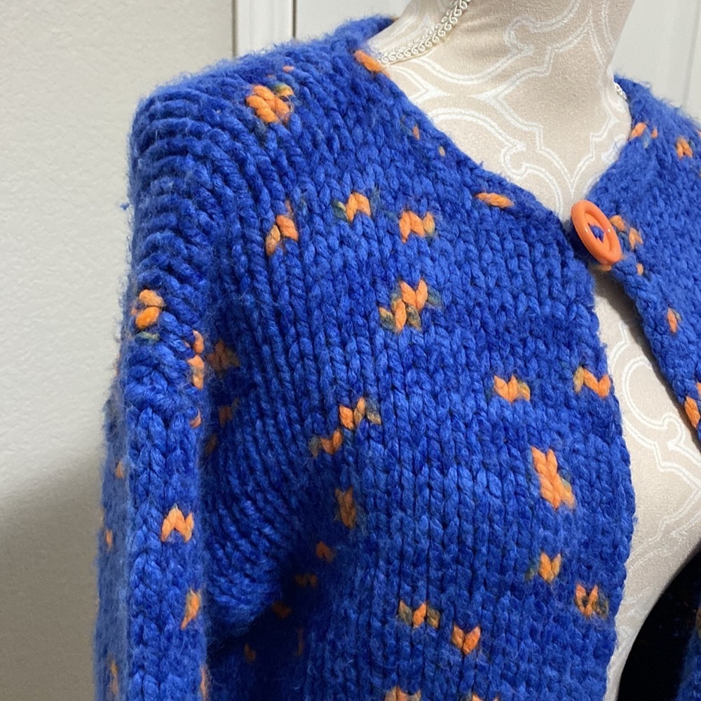 Hand crocheted knitted blue orange open wool thick cardigan Small Blue Orange - Picture 3 of 11
